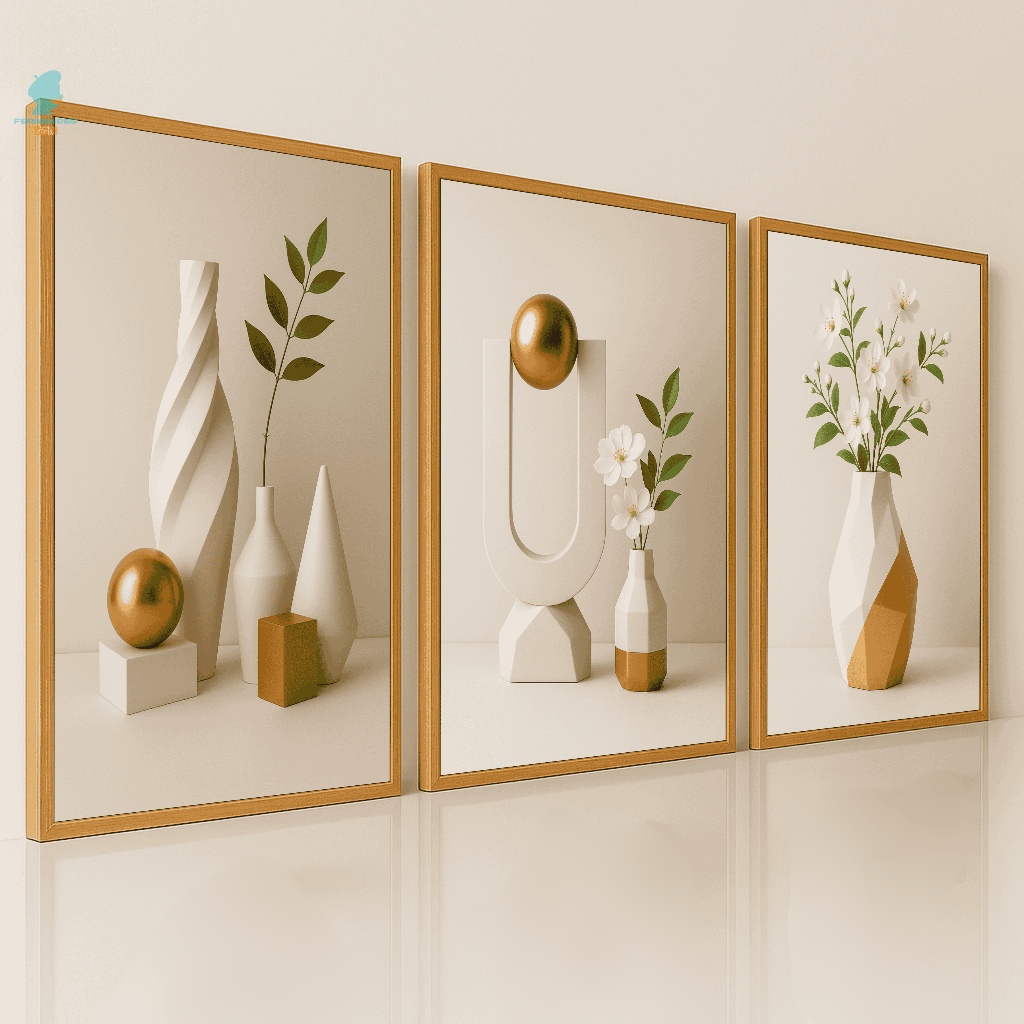 Quadros Decorativos Trio Abstrato Moderno Vaso Geométrico Branco Sala Quarto