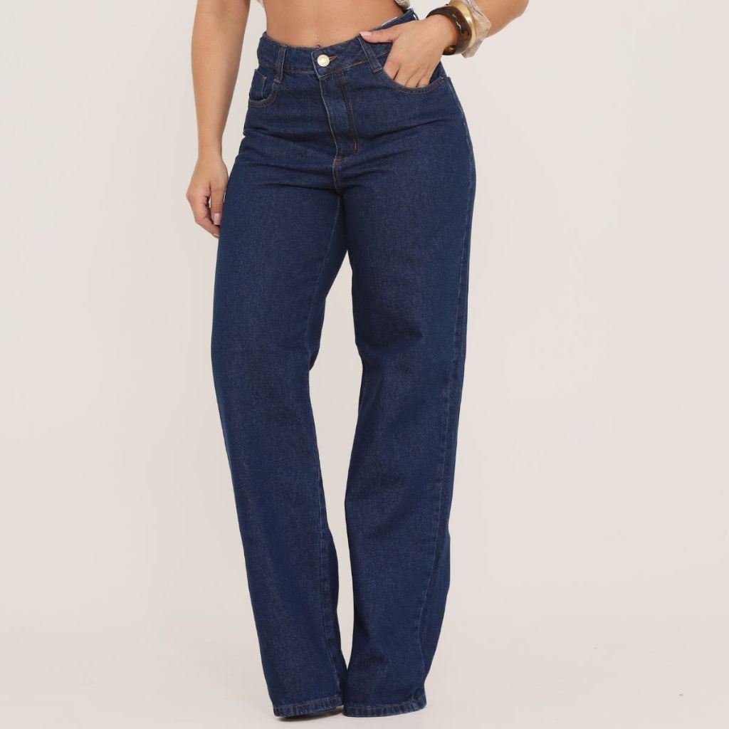 Calça Jeans Feminina Wide Leg Pantalona Cintura Alta Marmorizada Tecido 100% Algodão Blogueira em Oferta na Shopee