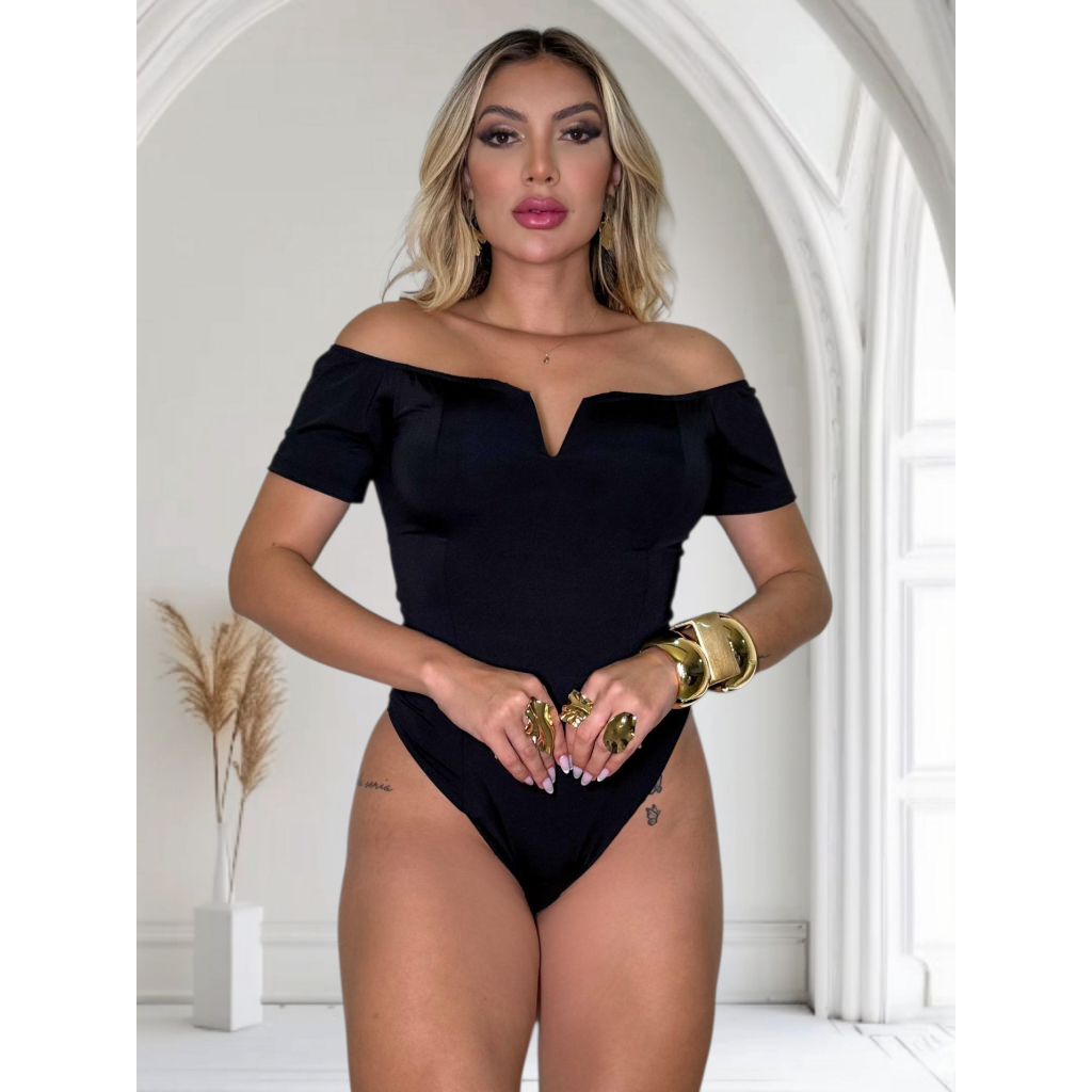Body Feminino Manga Curta Decote V Ombro a Ombro Com Bojo Ref 002 em Oferta na Shopee