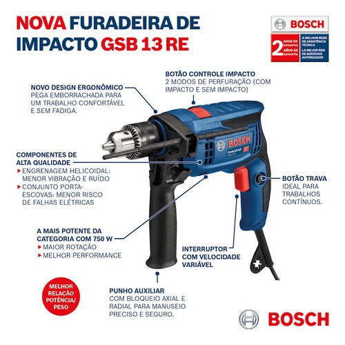 Kit Furadeira Impacto Bosch GSB 13 RE 750W 220V + Jogo Brocas e Pontas 103 Peças + Maleta · foto 2