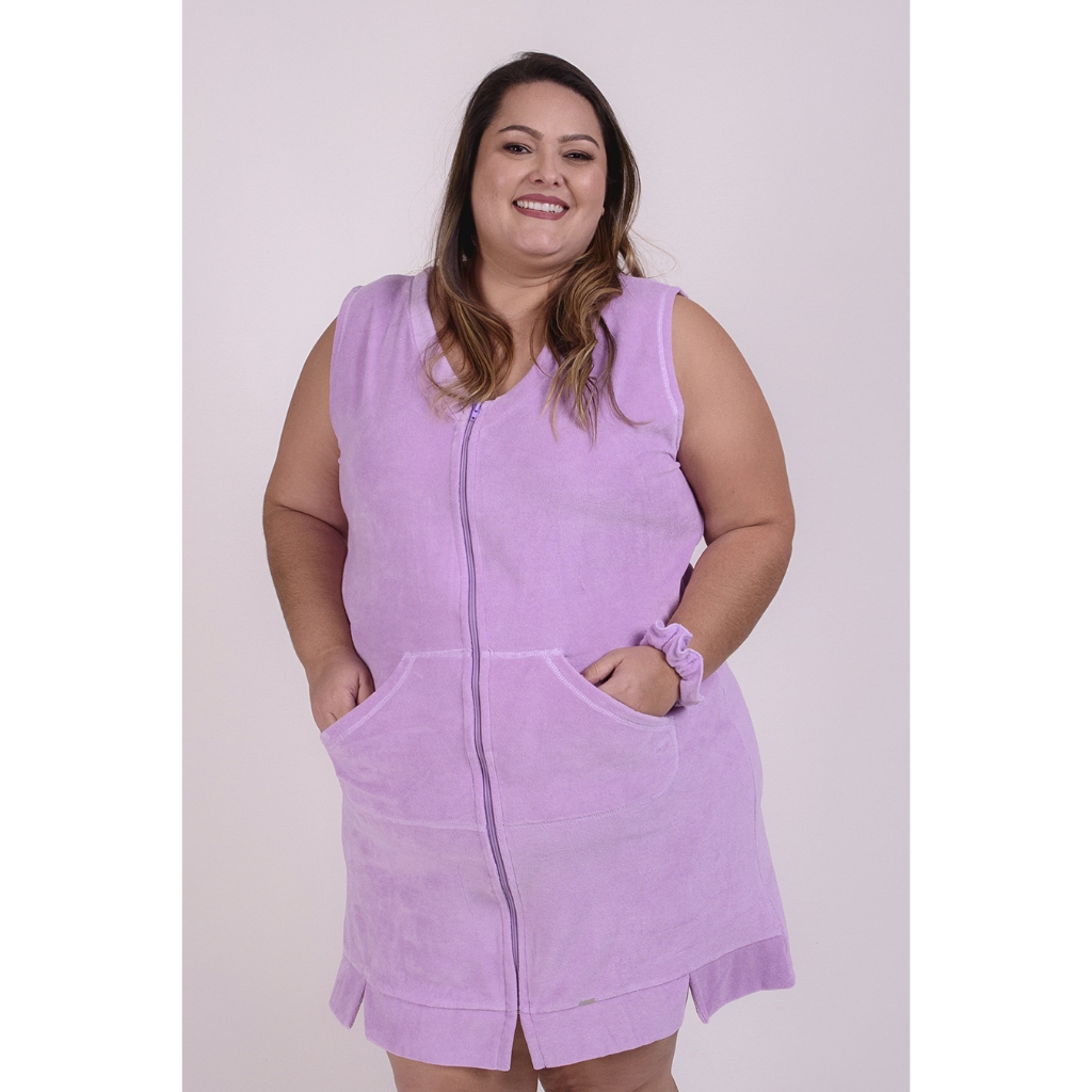 Robe Feminino Atoalhado Plus Size Sem Mangas Com Zíper
