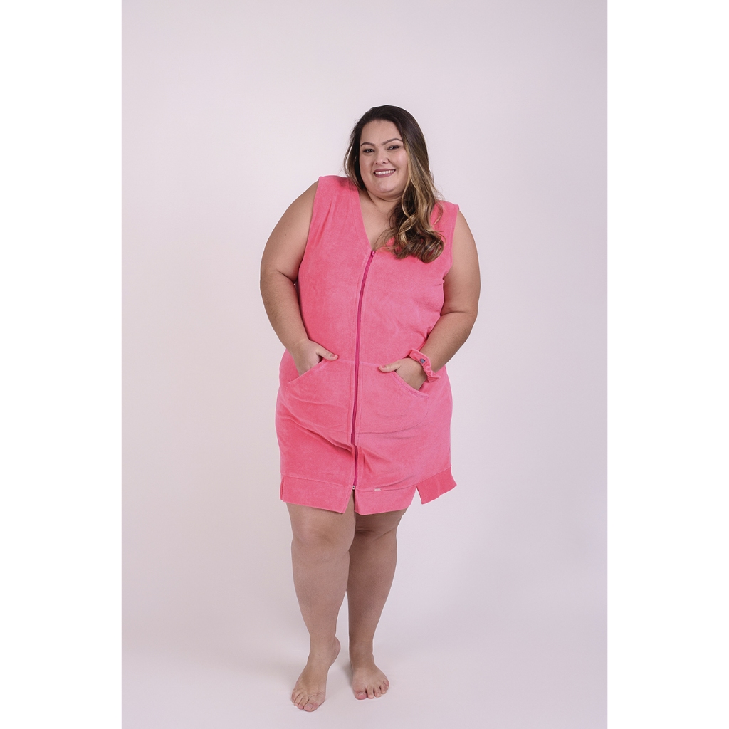 Robe Feminino Atoalhado Plus Size Sem Mangas Com Zíper
