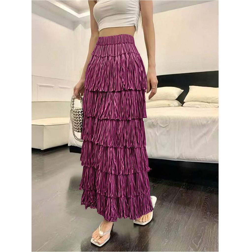 Saia Midi Feminino com Franias em Camadas importado