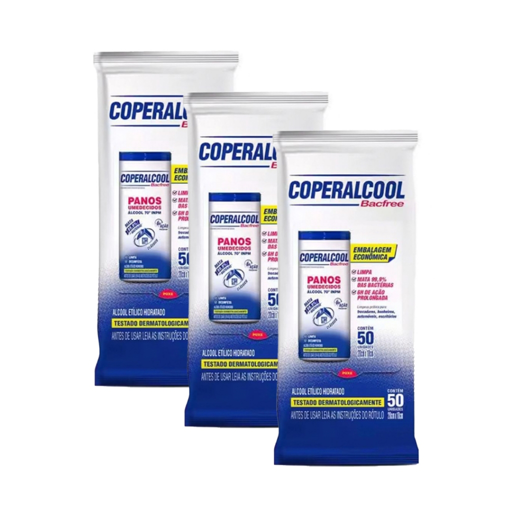 Pano umedecido Bacfree 70 Ação Prolongada Flow Coperalcool Pacote 50 Unidades (3 unidades)