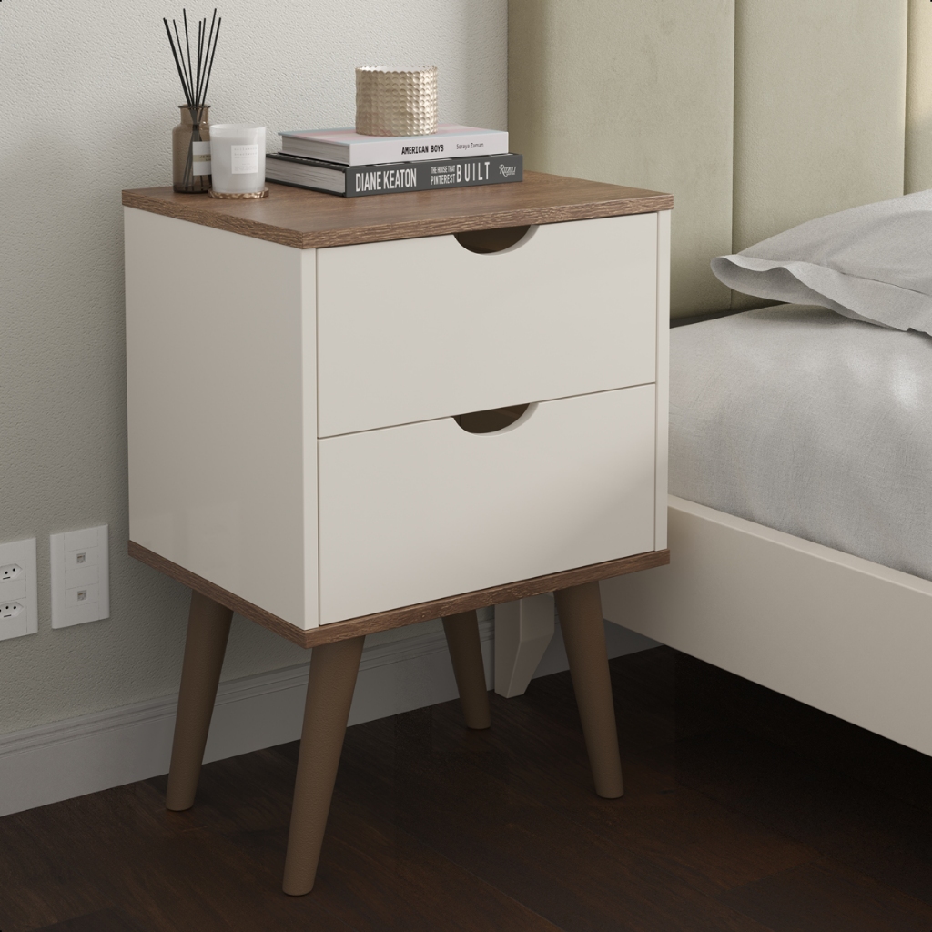 Mesa De Cabeceira Madri Pés Palito Retro 2 Gaveta - Off White/Canela em Oferta na Shopee