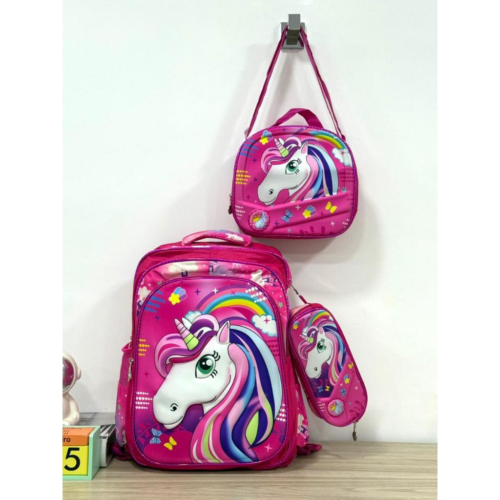 Kit Mochila Escolar 3D Infantil Bolsa Lancheira Estojo Estampas Menina e Menino Alto Relevo em Oferta na Shopee