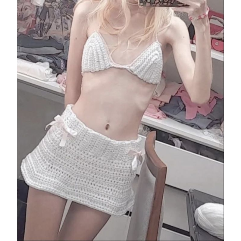 cojunto praia croche PP P M G GG saia e top biquini branco e rosa laço kawaii coquette cutecore shoujo girl verao anime