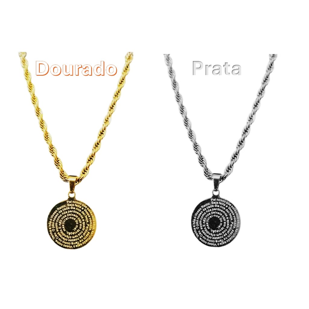 Colar Feminino Aço Inox com Pingente Medalha Oração Pai Nosso - Corrente 45cm