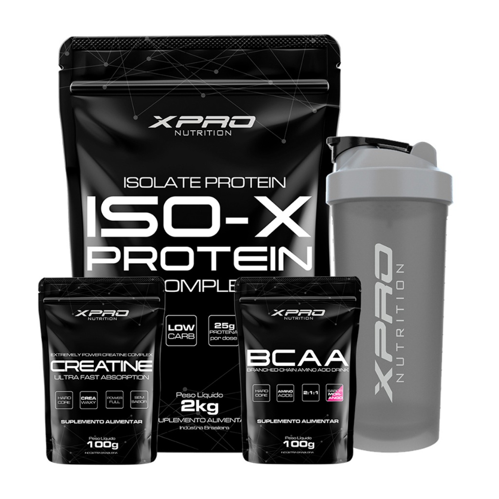 Kit Whey Iso-X 2kg + Creatina 100g + Bcaa 100g + Coqueteleira 700ml - XPro Nutrition