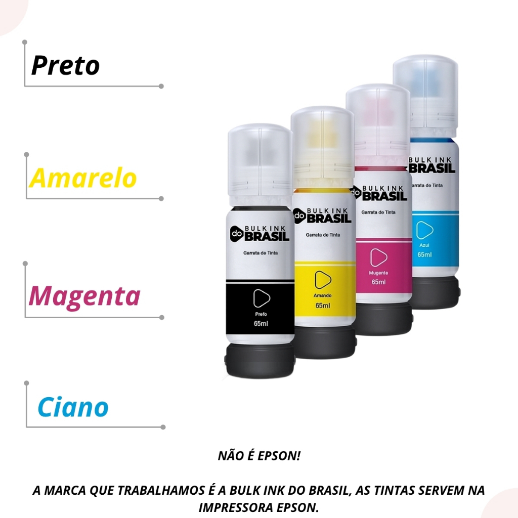 Kit DE 4 Tintas Para Impressora Epson Bulk Iink Cinco Quatro Quatro Amarelo Ciano Preto Magento