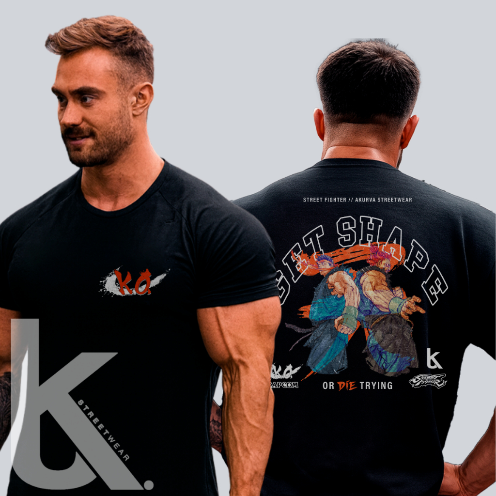 Camiseta Olympia Academia Estilo Street Fighter Akuma Dark Ryu Get Shape Akurva Fit Oversized 100% Algodão Bodybuilder