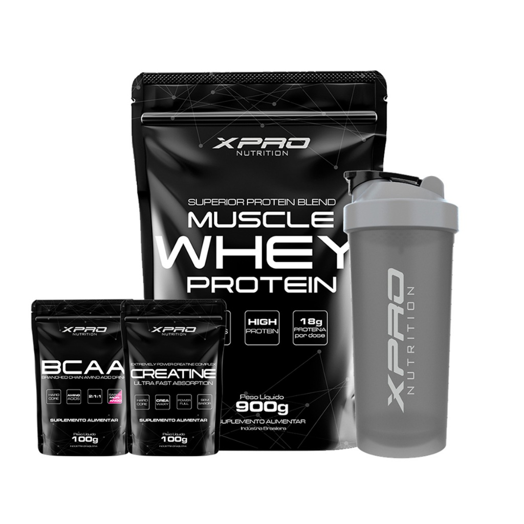 Kit Whey Muscle Protein 900g + Creatina 100g + Bcaa 100g + Coqueteleira 700ml - XPro Nutrition em Oferta na Shopee