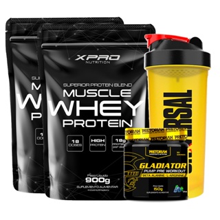 Kit 2x Whey Muscle Whey 900g - XPRO + Pré-treino Gladiator 150g -Pretorian + Coqueteleira -Universal em Oferta na Shopee