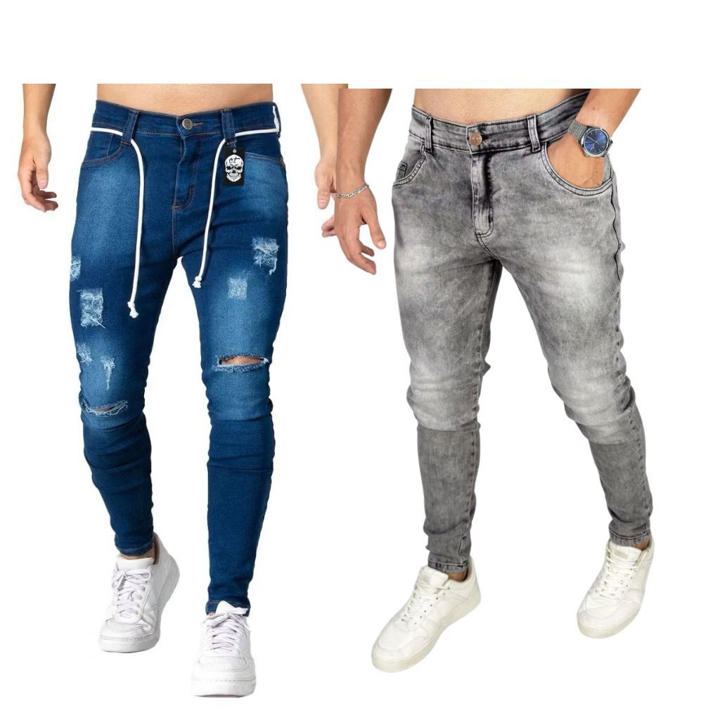 Kit 2 Calças Jeans Masculina Slim Skinny com Elastano – Azul Destroyed + Cinza Estonado