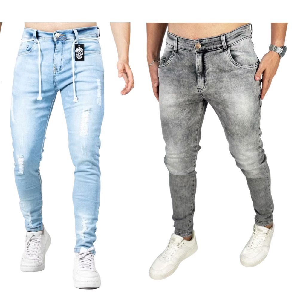 Kit 2 Calças Jeans Masculino Skinny com lycra e rasgados estilos 2026 super na moda