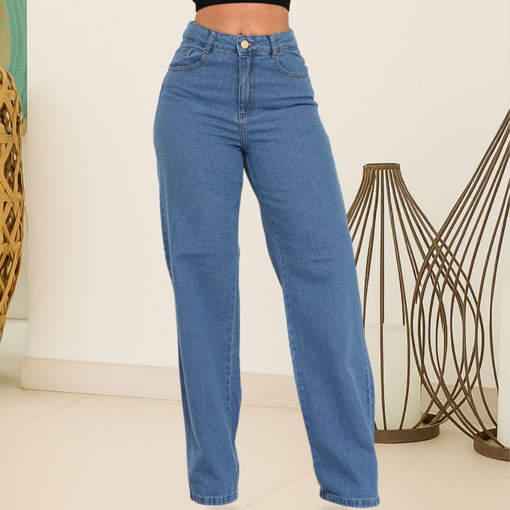 Calça Jeans Wide Leg Feminina Pantalona Cintura Alta Lisa Empina Bumbum 100% Algodão Tecido Premium em Oferta na Shopee