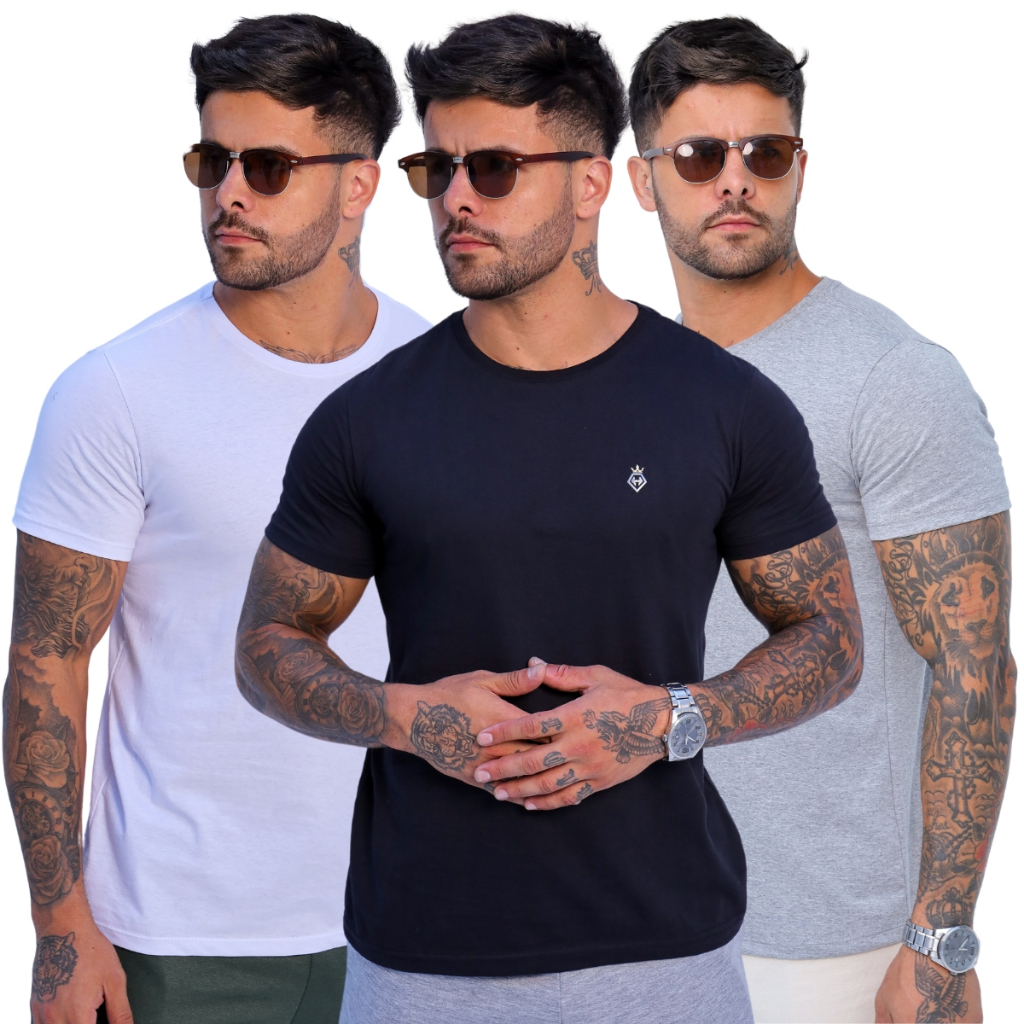 Kit 3 Camiseta Masculina Básica Algodão 30.1 Premium em Oferta na Shopee