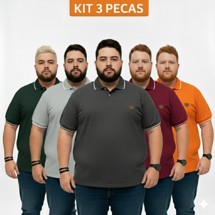 kit 3 Camisa polo lisa sem bolso G1 ao G5 obeso homens manga curta plus size fio 30 algodão premium