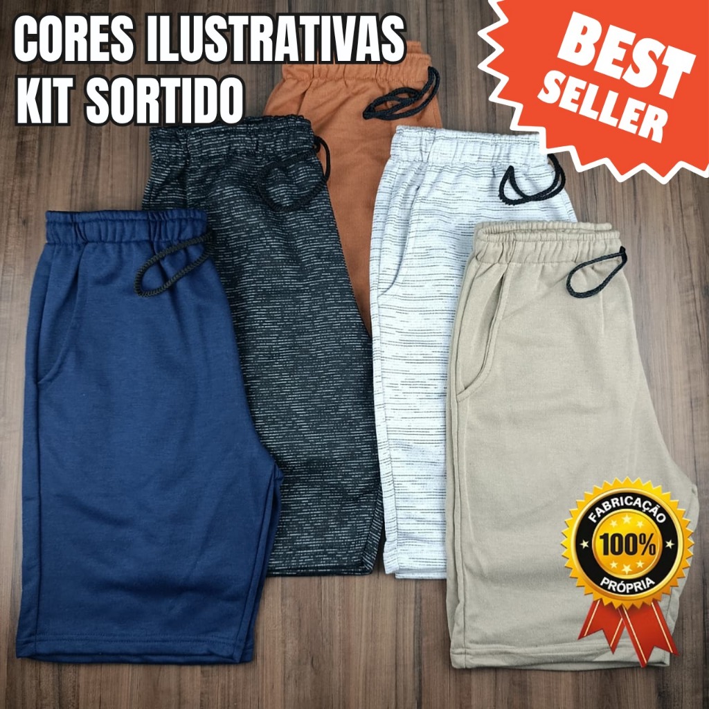 Kit Sortido 5 Bermudas Moletom Premium Masculina, Com Bolsos Laterais - Moda Casual e Esportiva em Oferta na Shopee