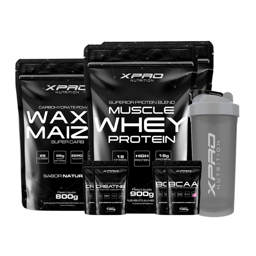 Kit 2x Whey Muscle 900g + Waxy Maize 800g+ 2x Creatina 100g + 2x Bcaa100g + Coqueteleira 700ml-XPro em Oferta na Shopee