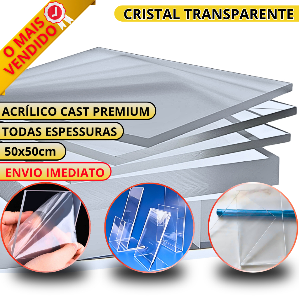 Acrílico Cristal Cast 8mm 50x50cm Chapa Transparente Puro Placa Virgem 100% de Pureza | 0,5x0,5m