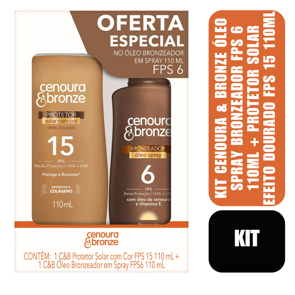 Kit Cenoura & Bronze Óleo Spray Bronzeador FPS 6 110ml + Protetor Solar Efeito Dourado FPS 15 110ml