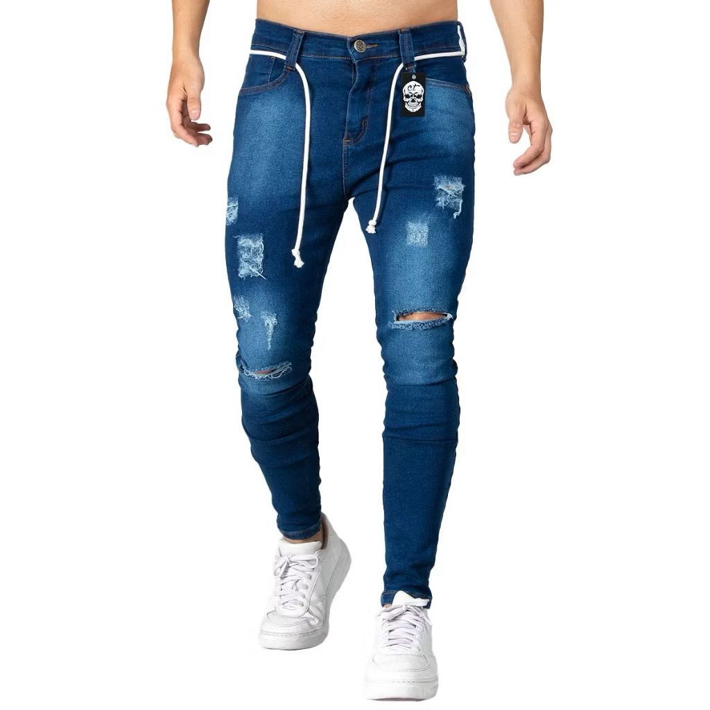 Calça Jeans Masculina Skinny Azul Escuro Rasgada com Cordão – Estilo Urbano