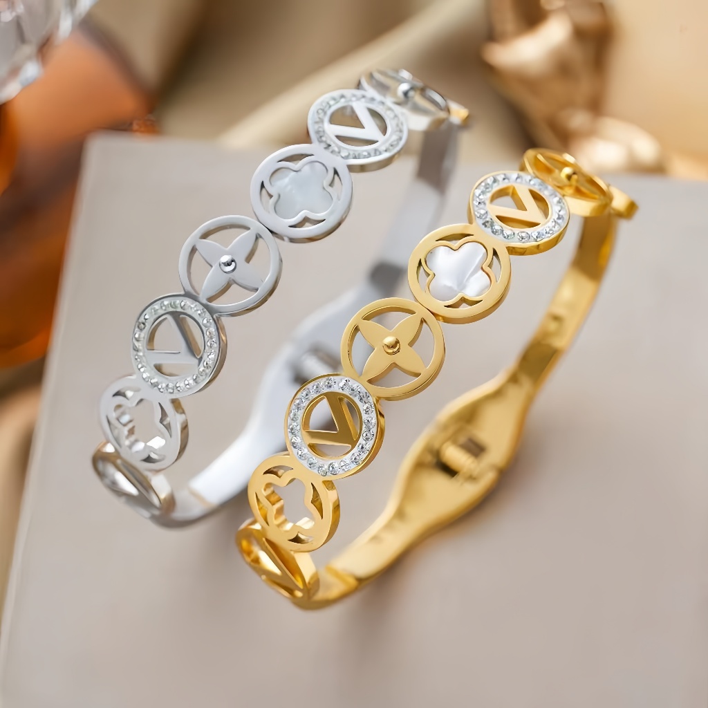 BRACELETE TREVOS LUXO PARA HOMENS MULHERES UNISSEX AÇO INOXIDÁVEL TREVO PRETO PULSEIRA DOURADA