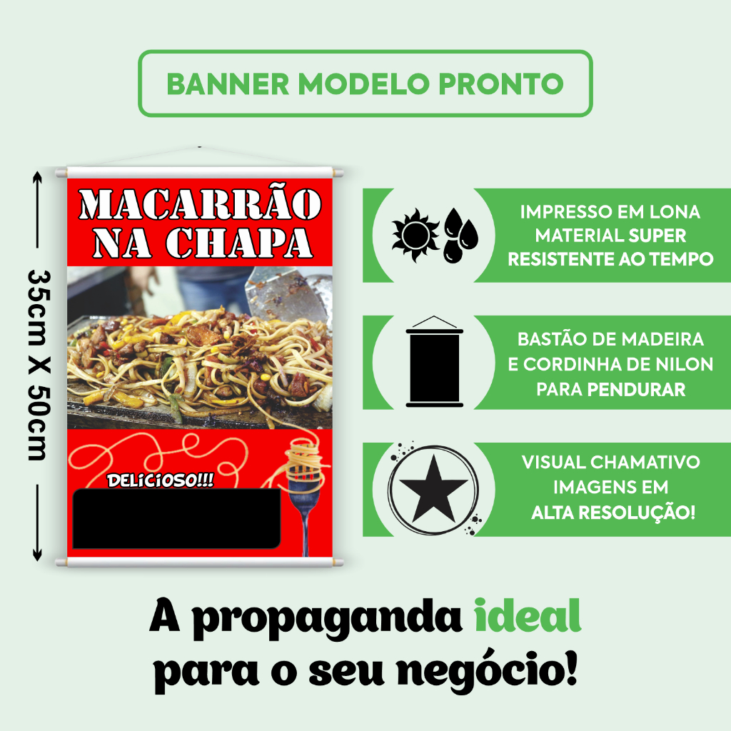 Banner Pronto de Macarrão na Chapa 35x50cm Food Truck Carrinho Lanche Feira Barraca Placa Preço 1un