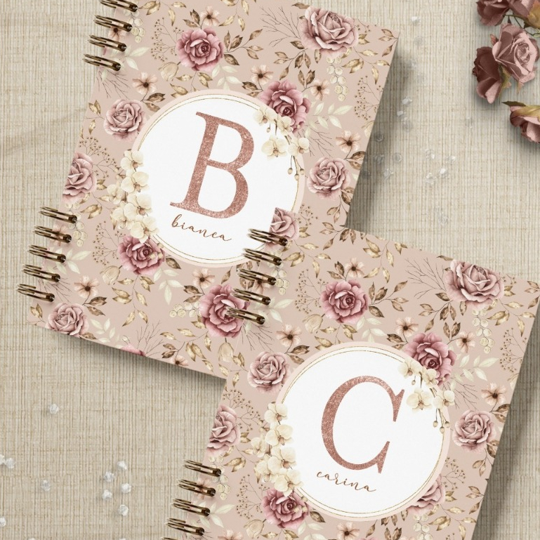 Caderno Floral Personalizado Rose Gold A5 Personalize Com a Inicial e o Nome