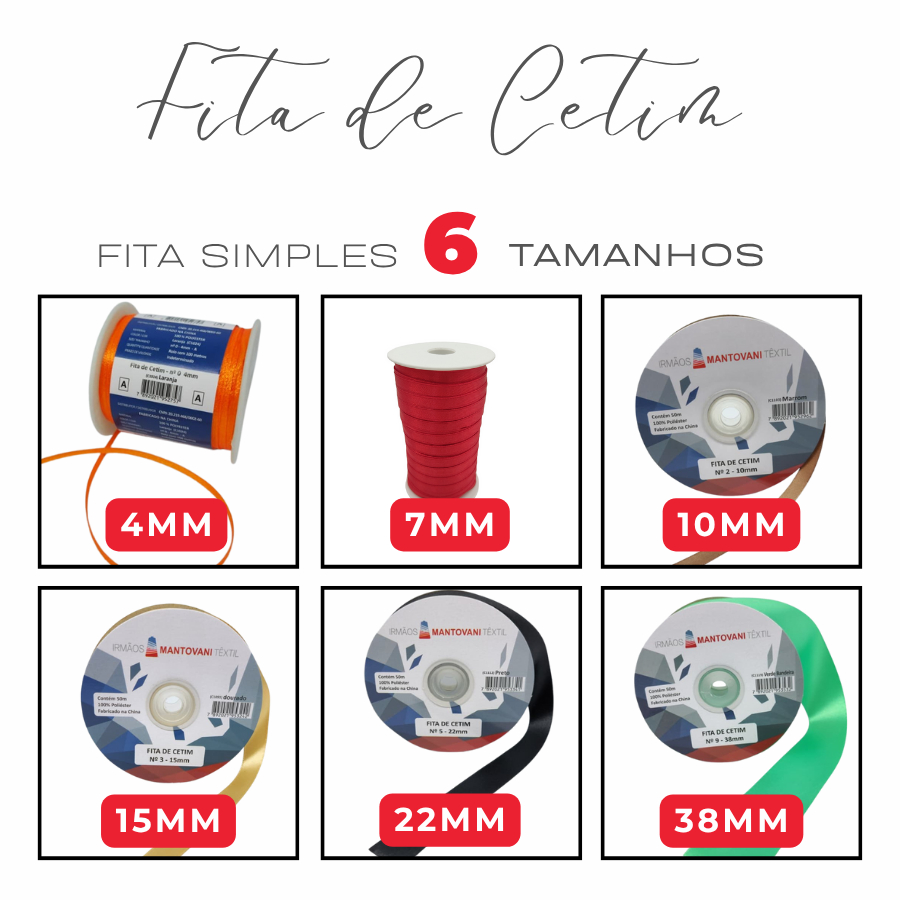 Fita de Cetim simples rolos de 50 mts / 100 mts - Diversas Cores