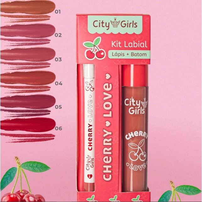 Kit Labial Lápis + Batom Cherry Love City Girls em Oferta na Shopee