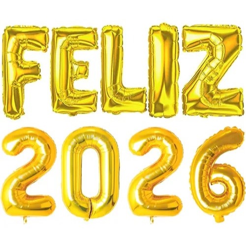 Balão Metalizado Feliz Natal- Feliz 2026 e Vem 2026 – Dourado e Prata – Decoração de Natal- Réveillon e Ano Novo
