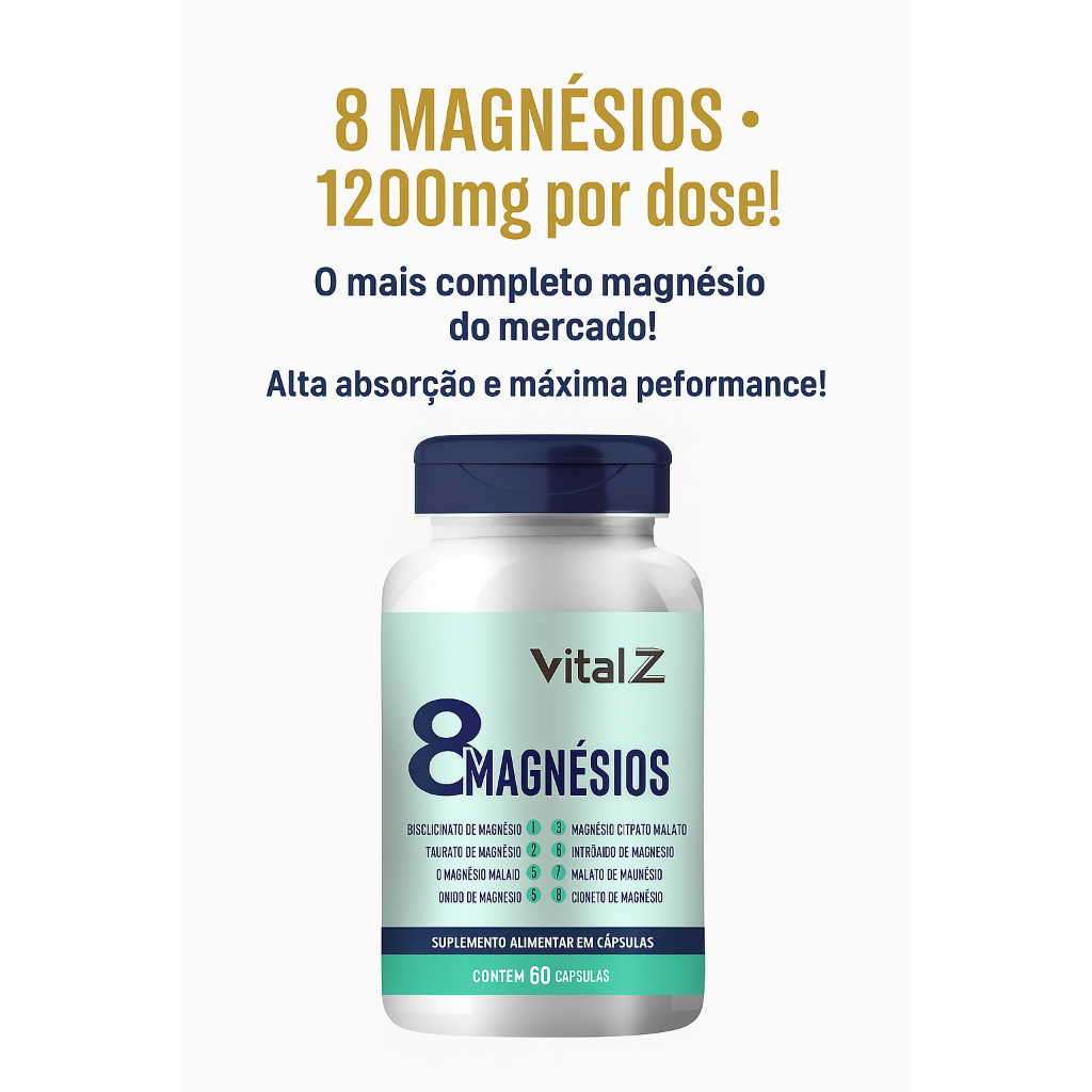 8 Magnésios 8 EM 1  1200mg por dose  Suplemento Premium | 60 Cápsulas
