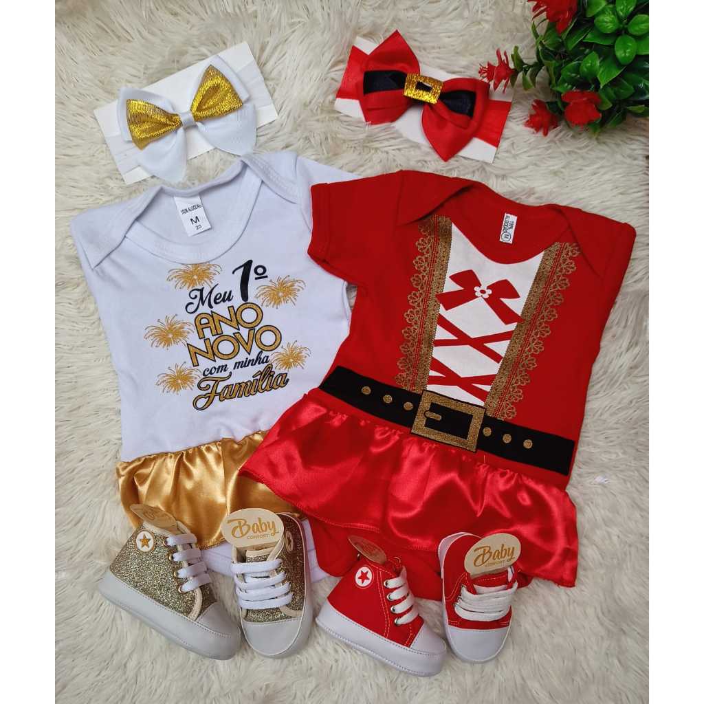 Kit 2 Bodys Bebê Natal Mamãe Noel + Meu Primeiro Ano Novo Com Tênis – Menina Temático Mesversario