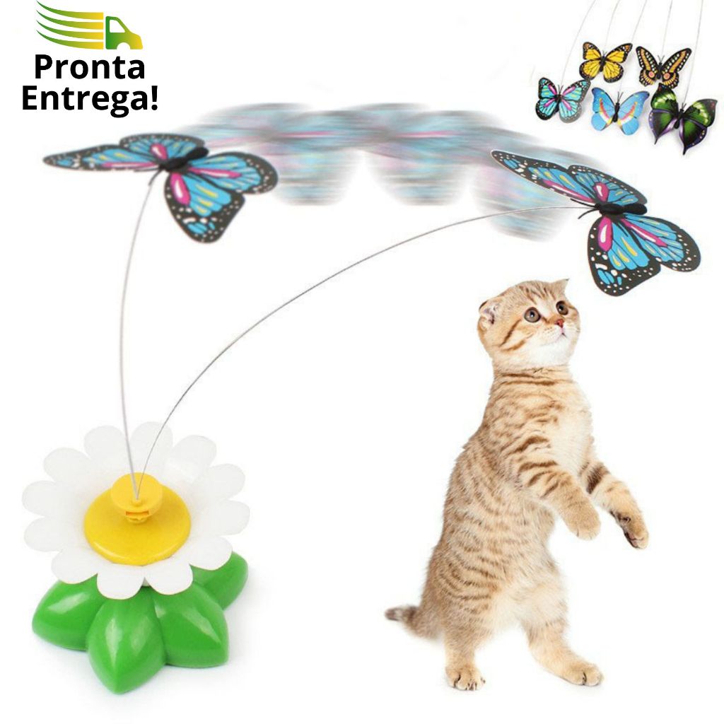 Brinquedo Interativo para Gato Gira Margarida Flor e Borboleta Voadora Elétrico Automático Rotativo
