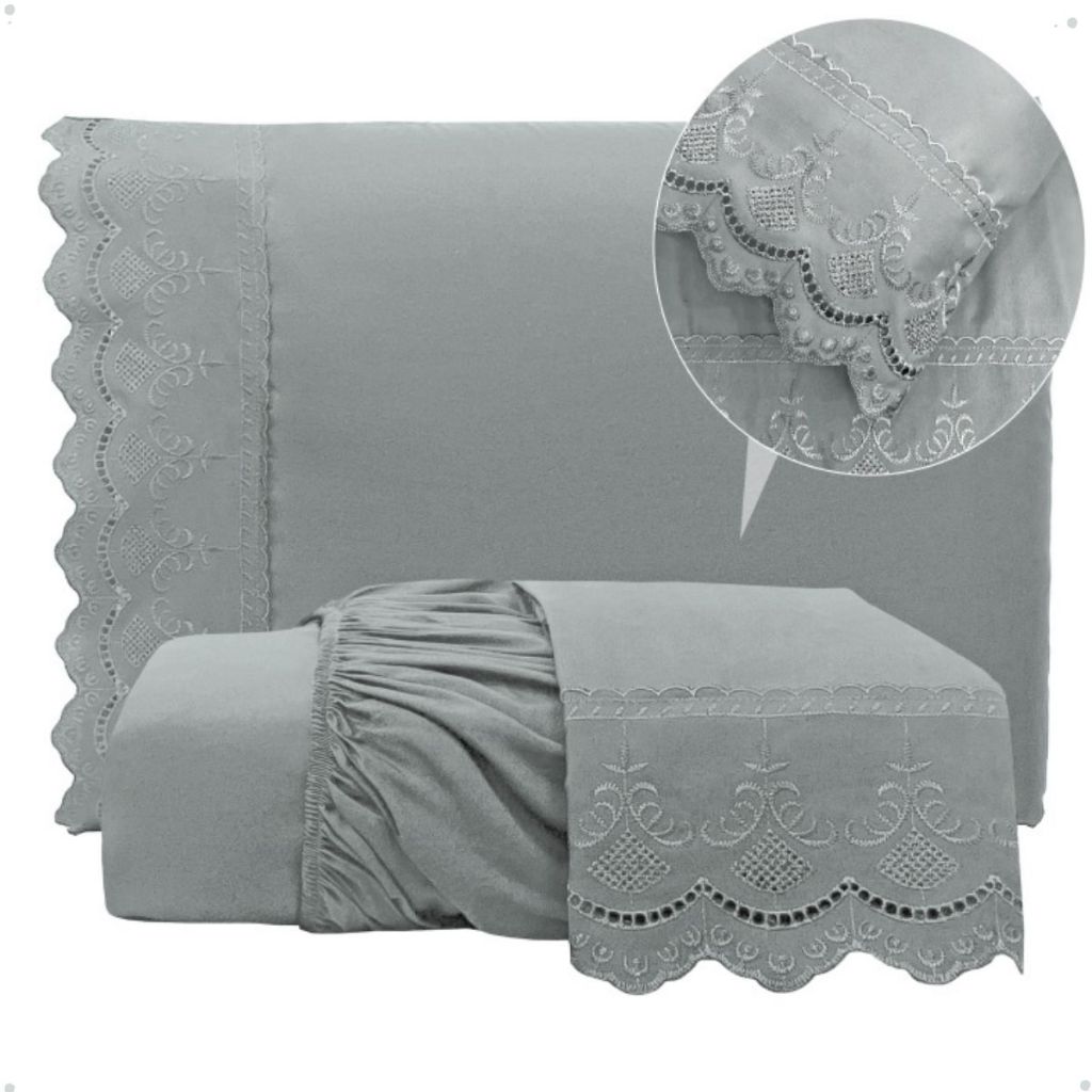 Jogo Lencol Bordado Ingles Queen Percal 400 Fios com 3 Peças em Oferta na Shopee