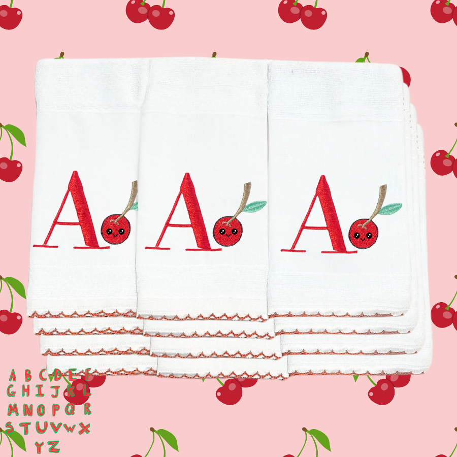 Kit 10 Boca Fralda Frutinhas Cerejinha Personalizada com Inicial do Nome Bebe 100% Algodão Bordado em Oferta na Shopee