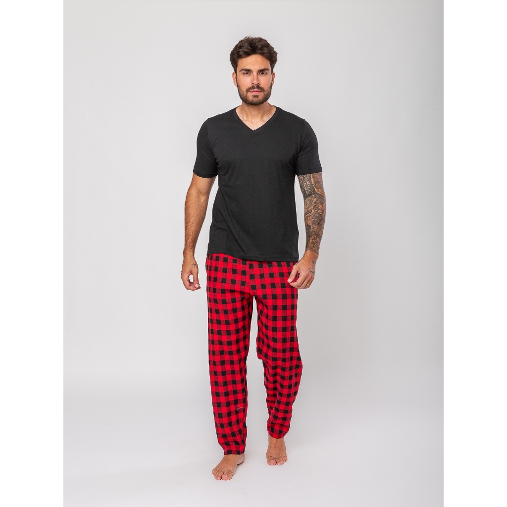 Pijama Masculino Calça Xadrez com Bolso e Camiseta de Suede Manga Curta Gola V em Oferta na Shopee
