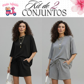 Kit com 2 Conjunto Feminino Blusa Oversized e Short com bolsos