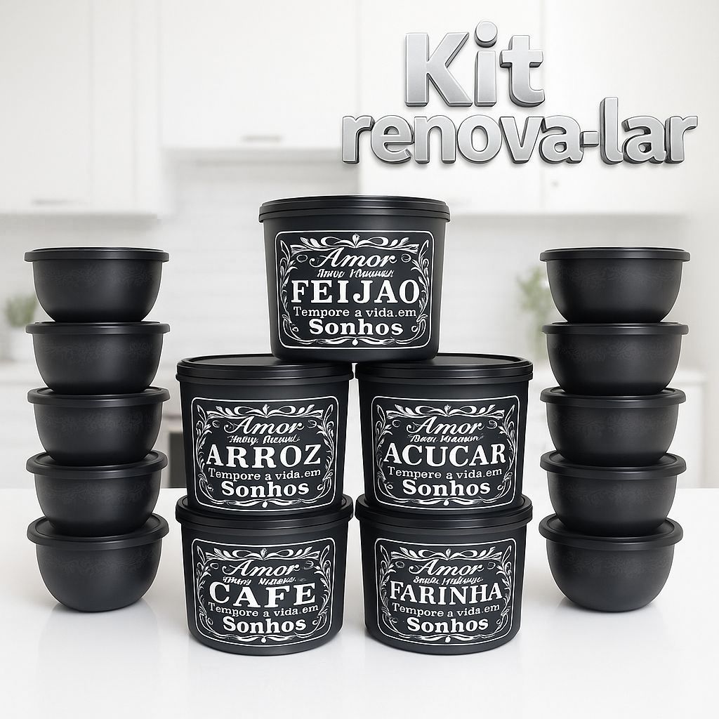Potes Decorados Pretos 2 L + Bowls 600 ml – Kit Completo para Cozinha Moderna em Oferta na Shopee