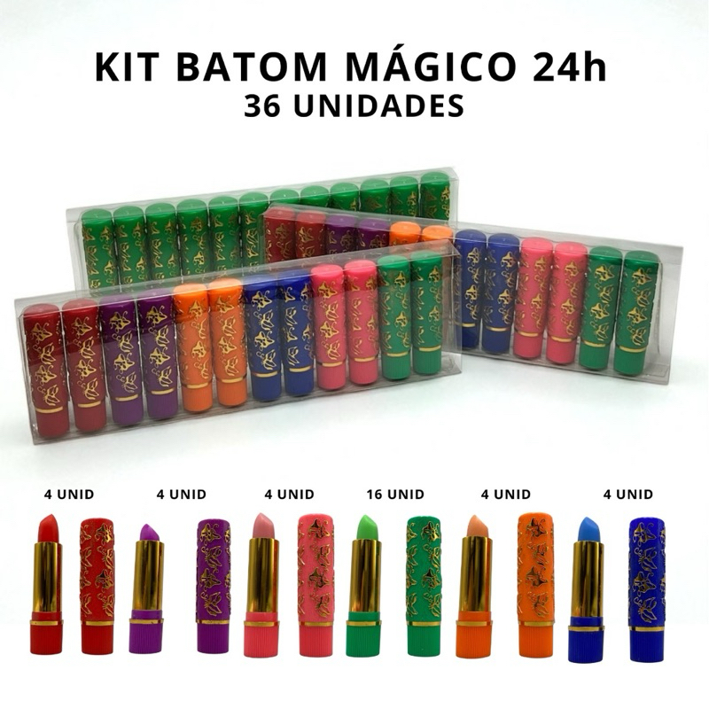 Kit 36 Batons Mágicos 24h 1verde+2 coloritode Longa Duração – Cores Variadas, Muda de Cor, Hidratação e Fixação Perfeita