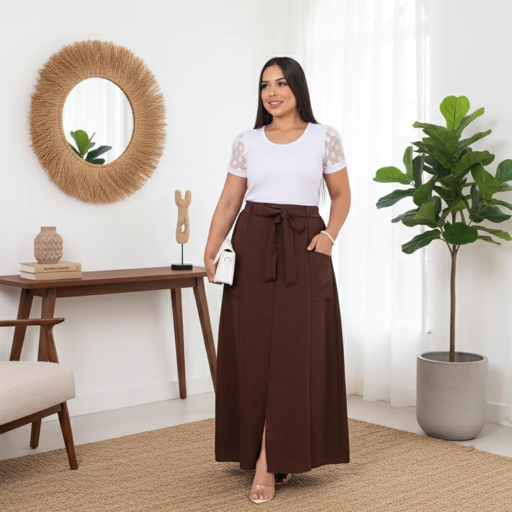 Saia Longa Feminina Em Linho Moda Evangélica Casual Básica Inverno Cintura Alta — imagem 1