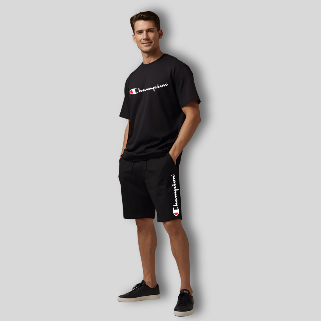 Kit Conjunto Camiseta Masculina Champio Esportiva Estampada + Shorts Bermuda Champio c/ Cadarço Estampa