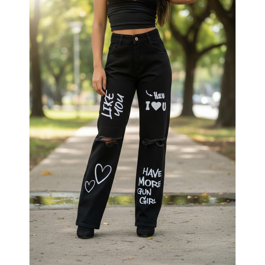 Calça Jeans Feminina Wide Leg Pantalona com detalhes Cós Alto em Oferta na Shopee