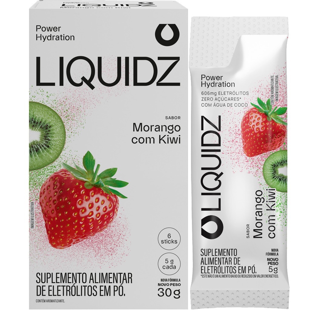 LIQUIDZ® - Eletrólitos Zero Açúcares - Sabor Morango com Kiwi - 1 Caixa - 6 sachês