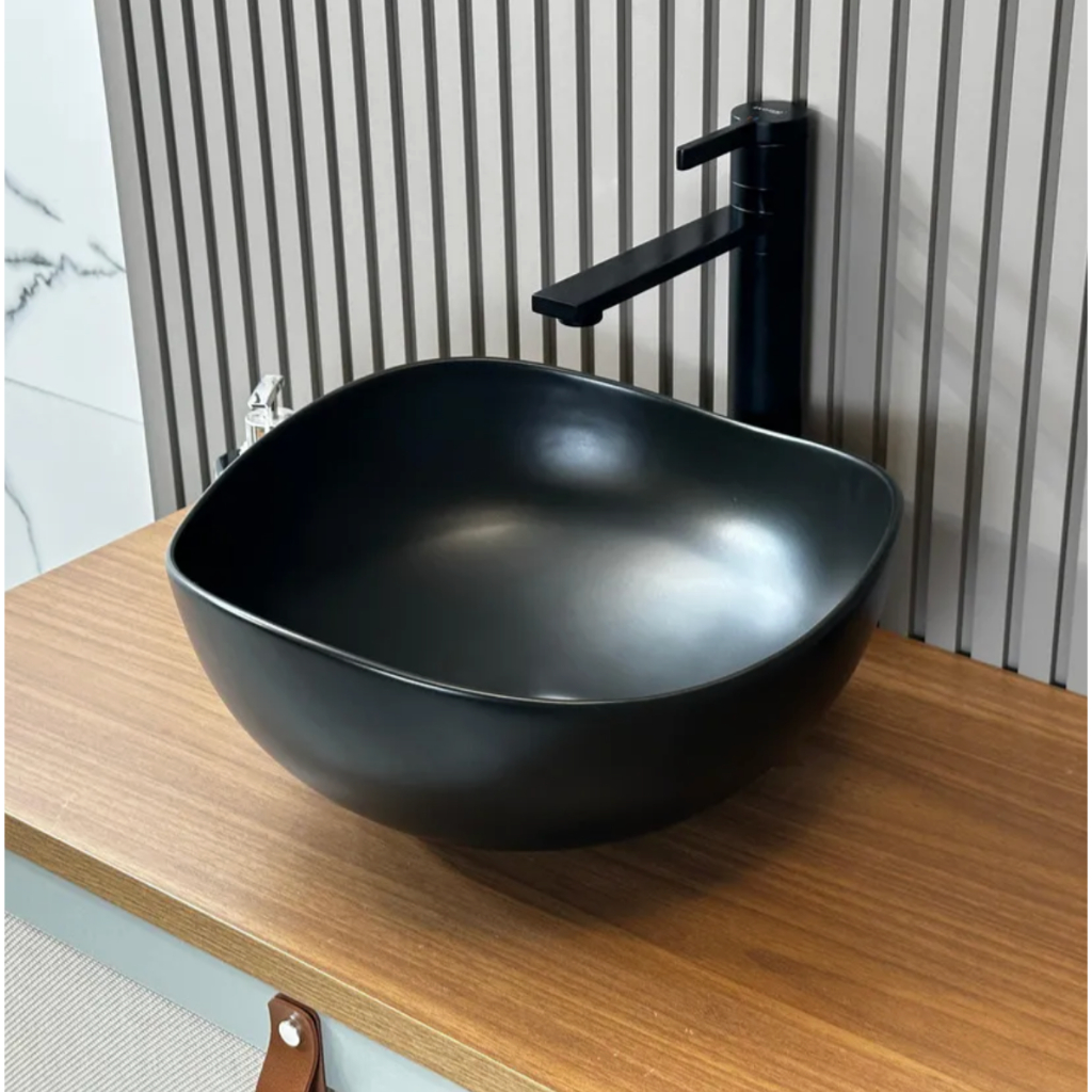 Cuba 38x38 de Porcelana Louça Preta Fosca Rokka com Válvula Click Porcelana Para Seu Banheiro Lavabo