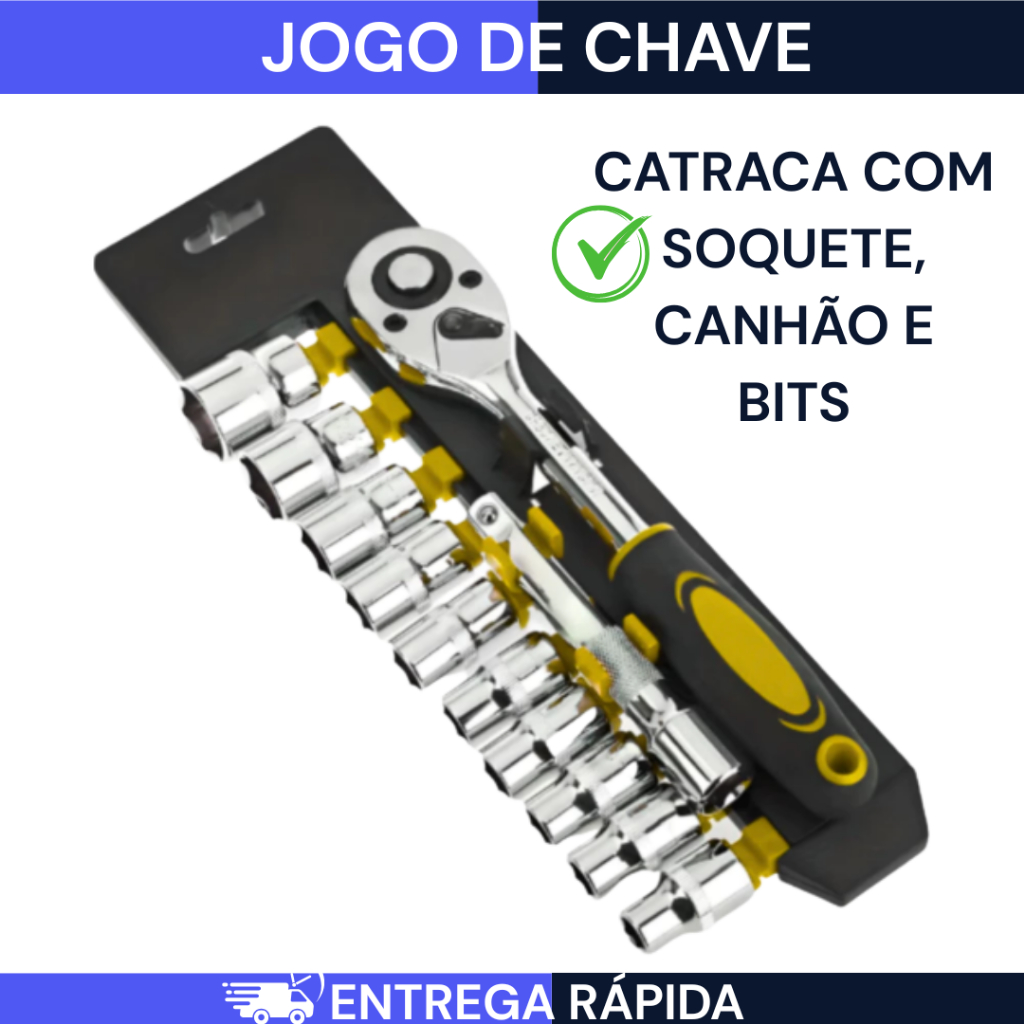 Jogo De Soquete Sextavado Chave Catraca 1/4 Catraca 12 Peças 5 a 12mm com Extensão PROMOÇÃO