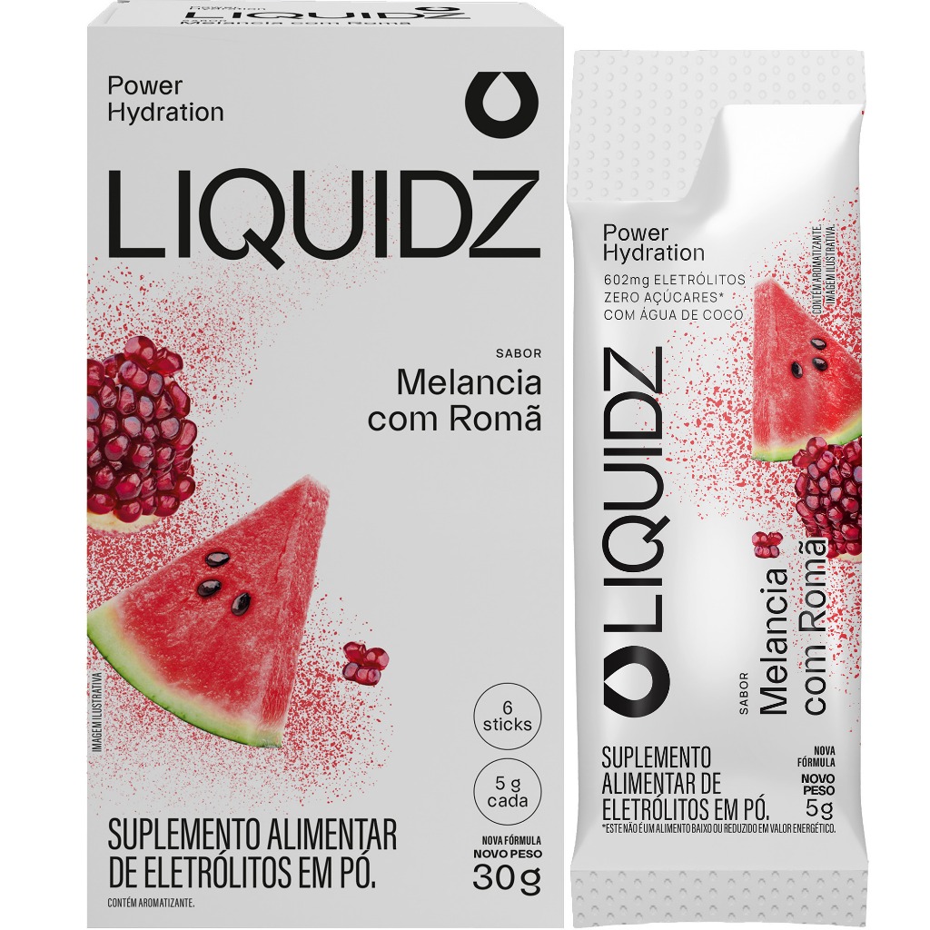 LIQUIDZ® - Eletrólitos Zero Açúcares - Sabor Melancia com Romã - Kit 1 Caixa - 6