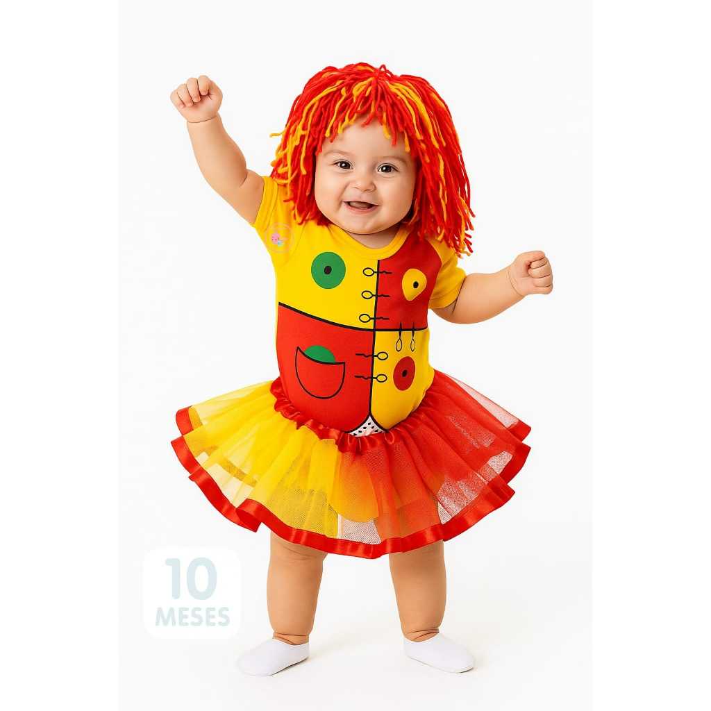 Body Bebê Temático Emília + Tiara com Cabelo - Mesversário Menina Infantil Fantasia